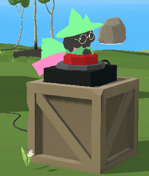 ralsei casually lying down on top of a giant red button